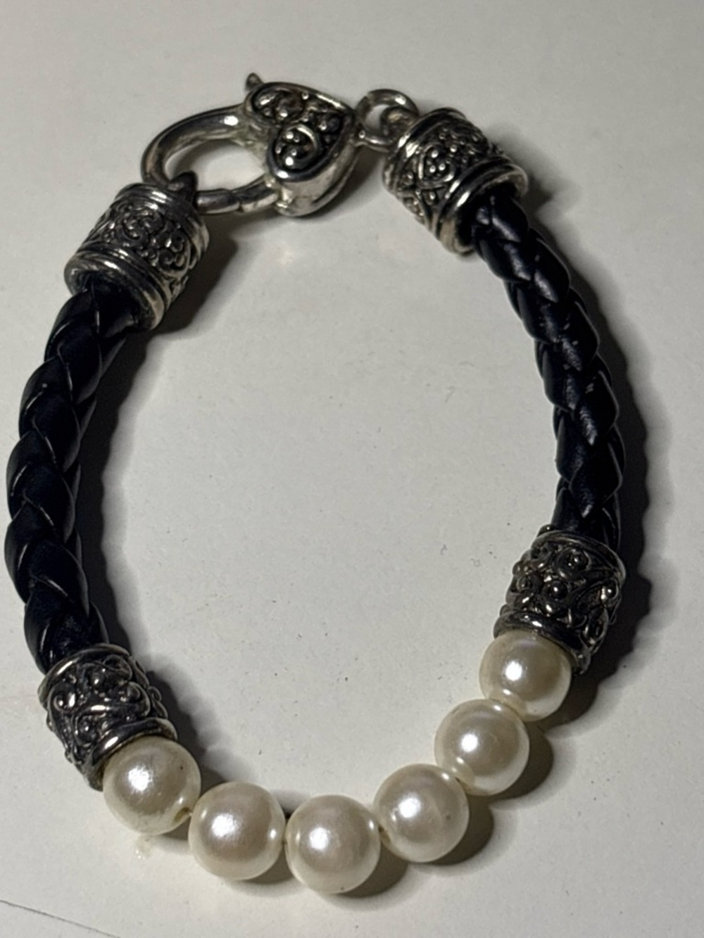 Black Braided Leather and Pearl Bracelet - Elegant Women’s Jewelry